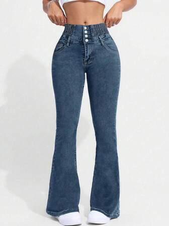 Women's Single-Breasted Slim Fit Stretchy Flare Leg Jeans