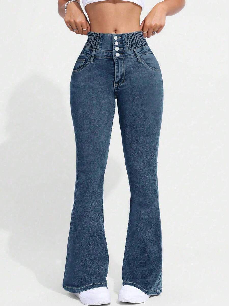 Quần jeans nữ ống loe dáng ôm, co giãn, cài một hàng cúc, thích hợp mặc mùa xuân. - Màu xanh hải quân - Xem 1