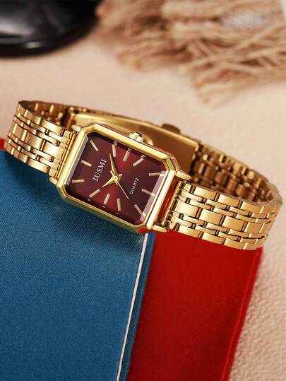 1pc Quartz Watch, Minimalist Dial Square Quality Goud Plated, Stainless Steel Strap, Wear, Birthday, Anniversary, Year End Promotion, Singles' Day, Halloween No Box view 2