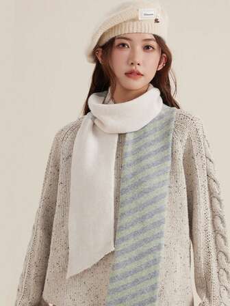 1 pieza Bufanda de mujer de punto de invierno, cuello calentador a rayas de colores bloqueados, adecuado para uso diario de estudiantes