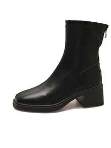 女士弹力靴，新款时尚粗高跟踝靴，通勤修身短靴 - 黑色 - 查看 1