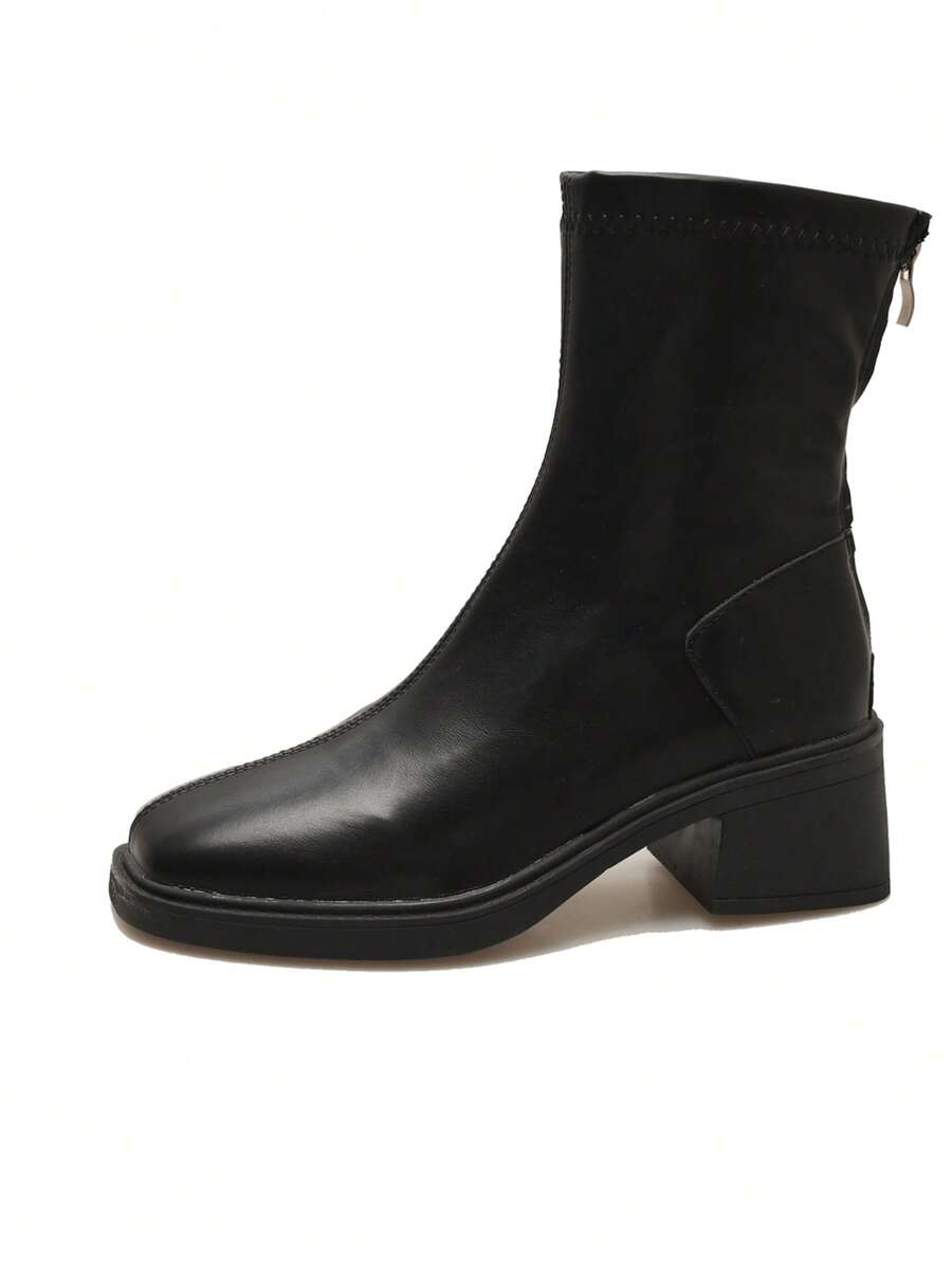 女士弹力靴，新款时尚粗高跟踝靴，通勤修身短靴 - 黑色 - 查看 1