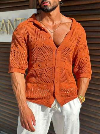 Men's Polo Collar Fashionable Casual Knitted Short Sleeve Sweater, Mesh Hollow Knitwear Cardigan