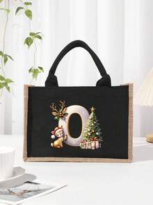 Men's Casual Tote Bag, Large Capacity Shopping Bag, Linen Beach Tote Bag Christmas Theme 26 Letter Print Commuter Tote Bag Yellow Linen Tote Bag, Shopping Bag With Gold Letter And Flower Print, Large Capacity Reusable Shopping Bag Laptop Bag Christmas Bags