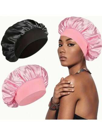 1 pieza Gorro de dormir suave y elástico con rizo - Negro y Rosa, Cubierta de cabello transpirable de poliéster, Adecuado para uso nocturno, Protección de cabello cómoda y de moda, Accesorio de cuidado del cabello, Cubierta de cabello de moda, Forma de gorra cómoda y ajustada, Sombrero para damas