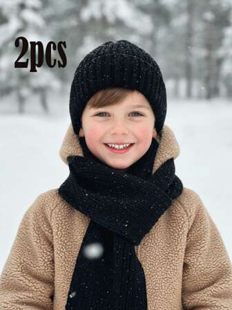 1 set stickad mössa och halsduk för barn, 2-delat set, nytt set med enkel design för vintermössa och vantar för barn