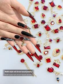 KIRAME Red Zirconia Nail Art With Genuine Gold-Plated & Copper Settings,DIY Nail Art At Home,Nails Salon,Nail Supplies,Christmas Nail,New Year,Festival Gift