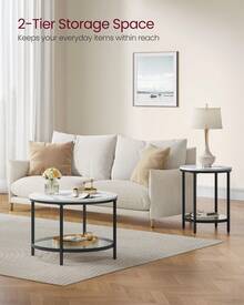 Coffee Table, Living Room Table, Sofa Cocktail Table Faux Marble Round, Tempered Glass Storage Shelf, Easy To Assemble, Modern Style, For Living Room, Marble White And Ink Black - White - View 2