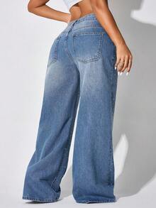 女士宽松休闲百搭阔腿牛仔裤，带口袋 - 藍色 - 查看 2