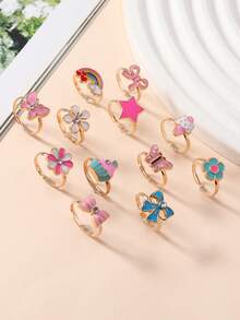 1set/12pcs Girls' Adjustable Alloy Animal, Rainbow, Crown Shaped Oil Drop Ring