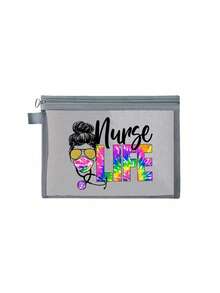 一款大容量网眼化妆包，有5种颜色可选，配有拉链，印有护士、生活、听诊器、口罩等图案。它是一款多功能视觉化妆收纳包、文件多用途旅行包、沙滩手提包。