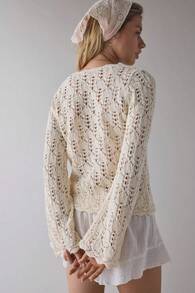 Soft Crochet Knit White Tie-Front Cardigan Top – Vintage Lace Openwork Long Sleeve Womens Knitwear - 白色 - 查看 2