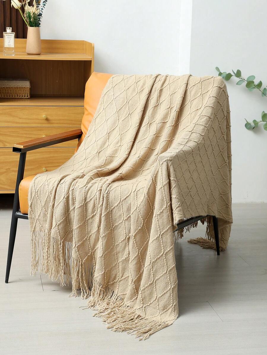 1pc Solid Color Diamond Plaid Knitted Blanket, Nordic Style Acrylic Rectangular Minimalist Sofa Cover Throw Blanket, Bedroom Leisure Knit Blanket - Khaki - View 1