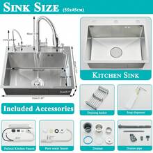 Saetow Juego de fregadero de cocina de níquel cepillado con grifo extraíble, grifo de agua pura y dispensador de jabón, fregadero de acero inoxidable 304 de un solo seno con cesta de desagüe ajustable y diseño de desagüe en X, accesorios completos para la cocina (55 * 45 cm) - Níquel cepillado 55*45cm - Ver 2