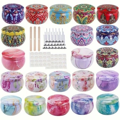 46pcs/6sets Bohemian Style Candle Tins, 2.2oz Round Metal Candle Jars With Lids, Ideal For Christmas Gifts, Crafts, Storage And Candle Accessories - Includes 6 Empty Candle Tins, 20 Double-Sided Tapes, 14 Candle Wicks, 6 Candle Holders