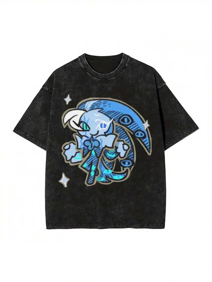 Men Shirts Men & Women'S Vintage Washed T-Shirts - Cookie Run Kingdom Graphic, Loose Fit Cotton Tees With Blue & White Design, Casual Streetwear For All Seasons, Casual Wear| Graphic Tee| Comfortable Fit, Vintage T Shirts Men Clothes - màu đen - Xem 1
