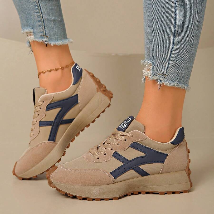 女士撞色运动鞋，休闲系带低帮运动鞋，舒适步行运动鞋 - 卡其色 - 查看 1