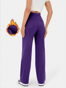 Women's High Waist Casual Sports Solid Color Button Pockets Straight Leg Pants - Purple - View 2
