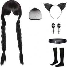 Long Black Wig Set, Halloween Costumes For, Long Black Braids With Bangs Gloves Necklace Bracelet Earrings For,Long Straight Pigtails Wig For Adult Costume Cosplay - Black - View 8