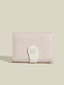 Cute Cat Print Card Holder Coin Purse, PU Short Tri-Fold Coin Wallet, Fresh Color Meaning Well, Snap Button Card Holder - one-size - View 5