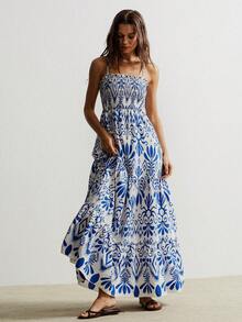 Rusttydustty Um vestido longo e casual de férias com decote halter, sem alças e com costas abertas para mulheres. Ideal para looks boho de Páscoa na praia, festivais de música no Havaí e férias tropicais. - Azul - Ver 1
