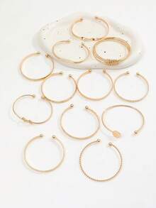 12pcs Fashion Metal Textured Heart Shape Bangle Bracelet Set, Boho Adjustable Layered Wristband, Suitable For Daily & Party Wear, Ideal Gift For Friends & Family