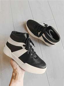 High-Top Casual Shoes For Teenagers, Black & White Color Block, Elevated, Versatile High Street Style, Soft Sole, Fashionable High-Top Sneakers For Young Men, Outdoor Sports Shoes