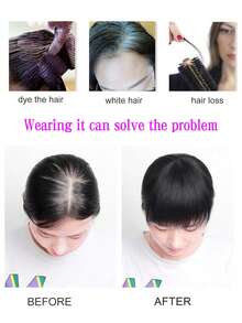 假发刘海，头顶合成假发，短直发，8英寸，头顶替换片，女士日常使用