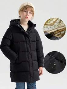 SOLOCOTE Tween Boys' Padded Coat With Chin Zipper Protection, Two Side Pockets, Heat Reflective Lining, Non-Detachable Hood, Stand Collar Design To Protect Neck From Cold - Black - View 2