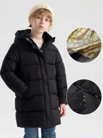 SOLOCOTE Plus Size Boys' Padded Coat With Chin Zipper Protection, Two Side Pockets, Heat Reflective Lining, Non-Detachable Hood, Stand Collar Design To Protect Neck From Cold