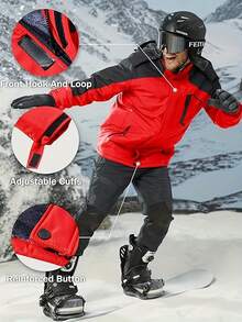 Men' S Windproof Jacket Winter Fleece Lined Coat Skiing Snowboard Parka Raincoat With Pockets Hood - 紅色 - 查看 2
