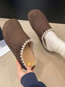 Women's Retro Versatile Simple Thermal Lined Sheepskin Birkenstocks Slippers, Fashionable Casual Slip-On Sheepskin Patchwork Fluffy Slide Sandals For Autumn/Winter - Coffee Brown - View 1