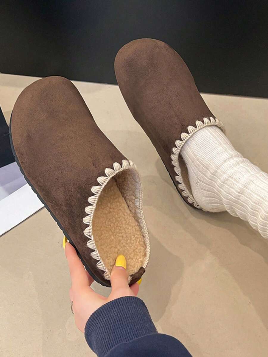 Women's Retro Versatile Simple Thermal Lined Sheepskin Birkenstocks Slippers, Fashionable Casual Slip-On Sheepskin Patchwork Fluffy Slide Sandals For Autumn/Winter - Coffee Brown - View 1