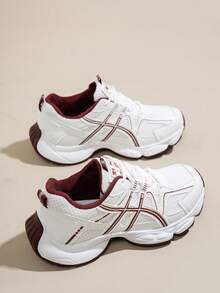 女士春秋新款休闲厚底运动鞋，网眼透气厚底坡跟舒适系带休闲鞋，时尚白/灰色休闲运动鞋，适合所有季节 - 酒紅色 - 查看 3
