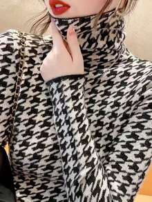Áo thun tay dài cổ cao họa tiết Houndstooth, trang phục thường ngày và đi làm, Thu/Đông - Đen và trắng - Xem 4