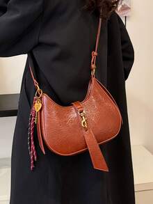 Geantă mică texturată la modă pentru femei, geantă de umăr cu mâner superior vintage nouă de toamnă/iarnă, geantă versatilă în formă de semilună cu pandantiv