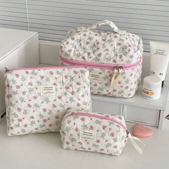 3pcs/Set Cute Bunny Heart Shaped Makeup Bag, Large Capacity Cartoon Print Handbag, Suitable For Storing Cosmetics, Lipsticks, Hair Accessories, Travel Essentials, Birthday Gift, Bridesmaid Gift, Teacher Gift, Mother's Day Gift, Makeup Bag, School Supplies, Travel Essentials, Holiday Essentials, Cosmetic Bag, Makeup Case, Christmas Gift