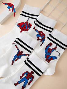 Marvel 5双装男士漫威蜘蛛侠条纹图案中筒袜，运动袜，四季皆宜，欧美尺码，舒适透气耐穿，色彩鲜艳，适合日常穿着，优质面料，不闷汗 - 彩色 - 查看 5