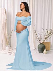 JustVH 2pcs Maternity Lantern Sleeve Tube Top & High Slit Maxi Dress, Suitable For Photo Shoot And Baby Shower - Baby Blue - View 1