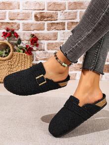 Zapatos de tacón bajo tipo mula en color negro, zapatos planos de moda versátiles con puntera redonda, flecos y hebilla para mujeres - Negro - Ver 6