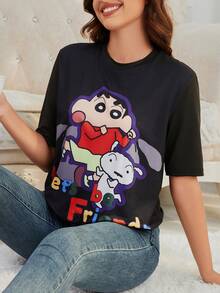 CRAYON SHINCHAN 1件女款蜡笔小新牛奶丝柔软亲肤简约卡通印花套头衫春夏短袖 - 黑色 - 查看 6