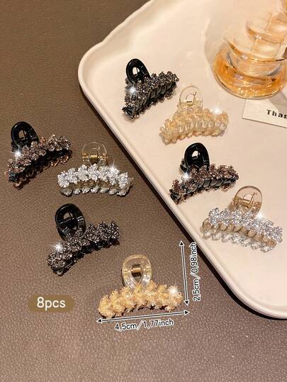 8个水钻麦穗耳迷你爪夹，女士奢华轻盈发夹，半扎发造型配饰，DelicaHair Clawips，塑料材质，适合日常佩戴，节日必备发饰