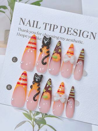 10pcs Y2K Nails Stiletto Press On Nails Set - Handcrafted, Pink Nails, Orange Nails, Orange French Tip Nails, Handmade 3D Kitten And 3D Pumpkin, 3D Cat Nail Art, Hand Drawn Stripe And Star Pattern Design, Sparkling White Pearl Accents
