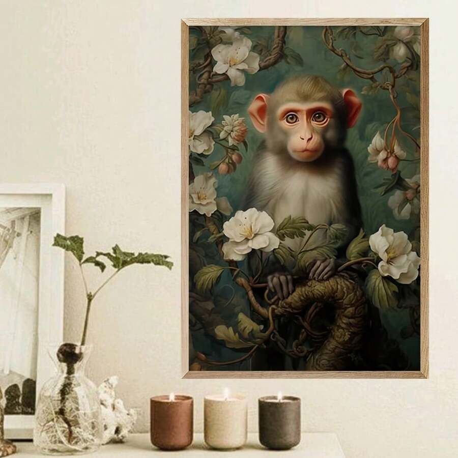Botanical Monkey Art Print Poster Elegant Floral And Fauna Canvas Wall Art Unframed Abstract Home & Office Decor Unique Artistic Illustration For Living Room, Bedroom, Cafe - Major Material: Other - Multicolor - View 1