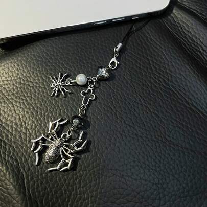 New Arrival High-End Halloween Style, Ins , Original Design Dark Style, Personalized, Y2K, Metallic Style, Handmade Beaded Glass Bead Cross, Cute Metal Spider Design, Phone Lanyard, Phone Charm, Phone Pendant, Bag Charm, Earphone Case Charm, Keychain