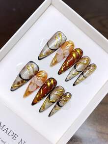 10 Pieces Of Pure Hand-Made Wearable Nails With Almond Nail Shape, Press On Nail - Multicolor - View 12