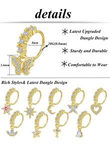 Set de 10 piezas de aros colgantes para la nariz con diseños de mariposa, corazón, luna, flor y estrella con cristales de circonia cúbica, pendientes de cartílago de tono dorado, 20G, para perforación corporal