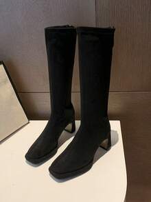Botas de moda para mujer, nuevas llegadas del otoño/invierno 2025, botas elásticas de gamuza con suela gruesa y tacón alto, botas de plataforma, botas de vestir con cremallera trasera y tacón alto, botas marrones