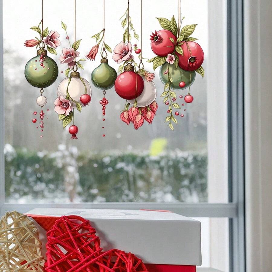 1 pieza Pegatina navideña para ventana - Adornos navideños con granada y bolas - Fácil de aplicar, decoración moderna para el hogar, sala de estar, balcón - Perfecto para decoración navideña, pegatinas autoadhesivas para ventanas, pegatinas navideñas para ventanas, papel para ventanas, pegatinas para ventanas, decoraciones navideñas, carteles para ventanas, regalo navideño