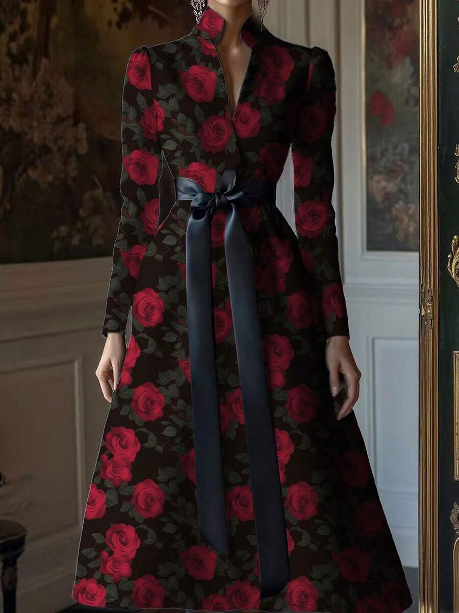 女士优雅舒适情人节黑色底红色玫瑰印花缎面长袖A字V领连衣裙,春秋季 - 酒紅色 - 查看 1